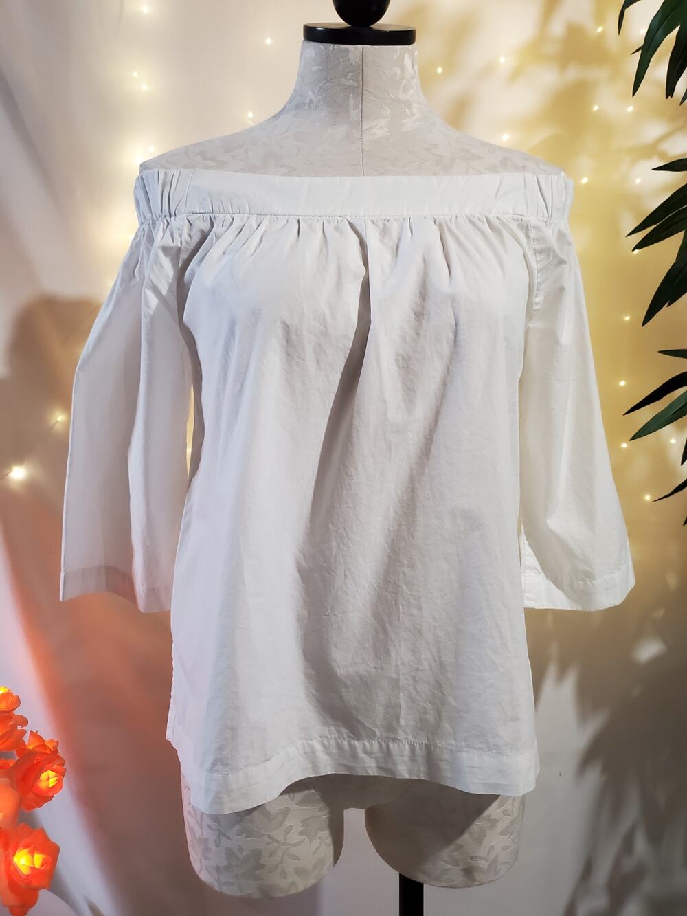 Madewell Clean Off-the-Shoulder White 100% Cotton 3/4 Sleeve Top Women's Size XS